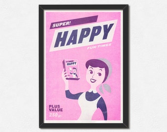 Super Happy Fun Times - A4 Pink Art Print - Fake 1950's Vintage - Packaging Illustration