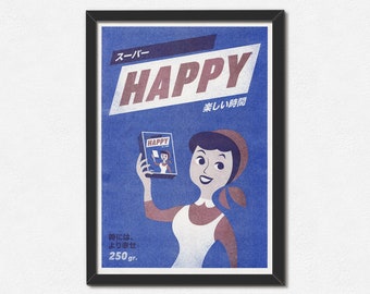 Super Happy Fun Times - A4 Blue Art Print - Spoof 1950's Vintage - Packaging Illustration