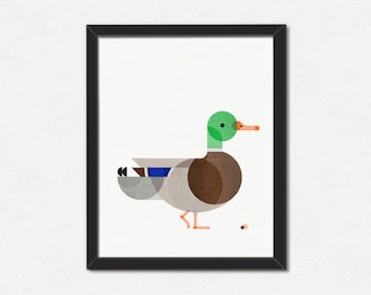 Duck Art Print - 8x10" Minimal Geometric Bird - Eco-friendly Risograph Wildlife Illustration