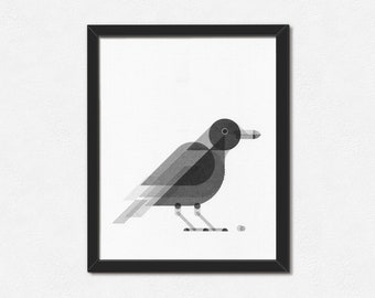 Crow - 8x10" Risograph Print - Minimal Geometric Bird - Wild Bird - Corvidae Poster - Simple Wall Art