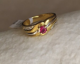 18K Gold (750) Natural Ruby and Diamonds Ring/Yellow and White 18K Gold Swirl Ring/Unique Design Gemstone Gold Ring - 1063