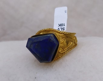 Gold and silver ring women Natural blue lapis lazuli cabochon Armenian jewelry Egyptian style symbol eye and sun Sterling 925 gold plated