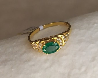 18K Gold (750) Natural Emerald and Diamonds Ring/Yellow Gold Emerald Cocktail Ring with Diamonds/Unique Gemstone Ring – 6341