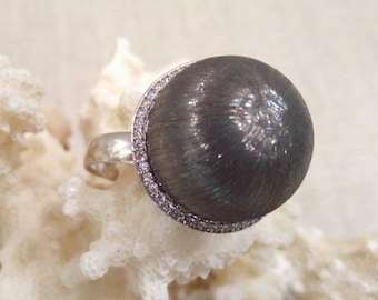 Black Silver Dome Ball Ring/Black Platinum Plated Sterling Silver with Swarovski Crystals – 0989