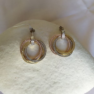 Three Tone Hoop Earrings with Cubic Zirconia, Platinum and Gold Plated 925 Sterling Silver/Triple Hoops Post Stud Earrings - 8747