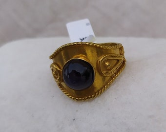 Gold and silver ring women Natural blue lapis lazuli cabochon Armenian jewelry Egyptian style symbol eye and sun Sterling 925 gold plated