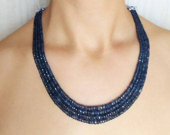 Blue Sapphire Gemstone Necklace/Four Strand Beaded Sapphire Necklace with Silk Cord Adjustable – 9033