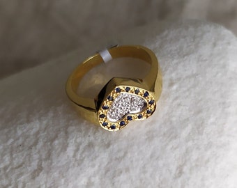 18K Gold (750) Diamonds and Natural Sapphire Ring/Yellow and White Gold Heart Shaped Ring with Gemstones/Unique Design - 1060