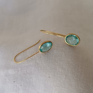 14K Gold (585) Natural Blue Topaz Drop Earrings/Special Cut Oval Blue Topaz Gemstone Hook Earrings/14K Yellow Gold Open Back Setting – 6252