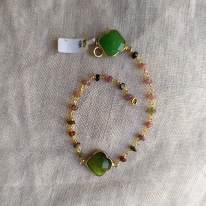Tourmaline and Green Agate Beaded Bracelet with Gold Plated 925 Sterling Silver/ Natural Gemstone  Beaded Chain Bracelet – 6604