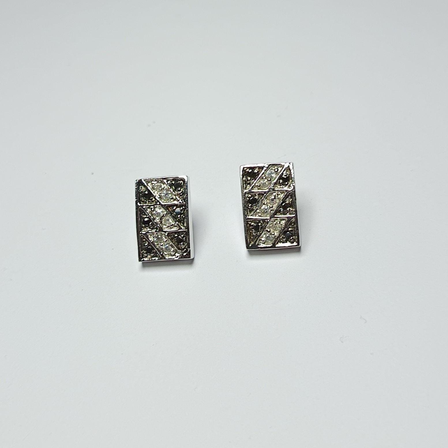 Geometrische Ohrstecker, platiniertes Sterling Silber und schwarze Swarovski Kristalle - Nr. 3965