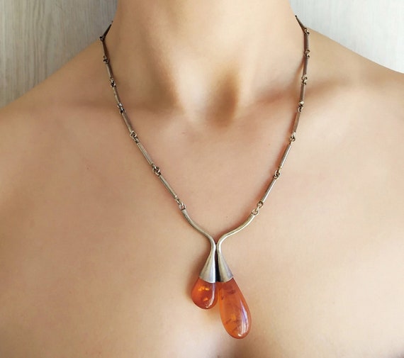 Baltic Amber Necklace Pear Shape Open Design Sterling Silver Baltic Amber Necklace Pear Shape Open Design Sterling Silver