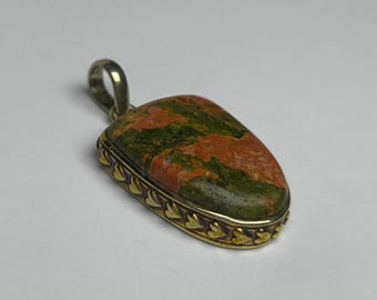 Pendentif Fermoir En Argent Sterling 925 Et Pierres Naturelles - Malachite & Jaspe, Fait Main
