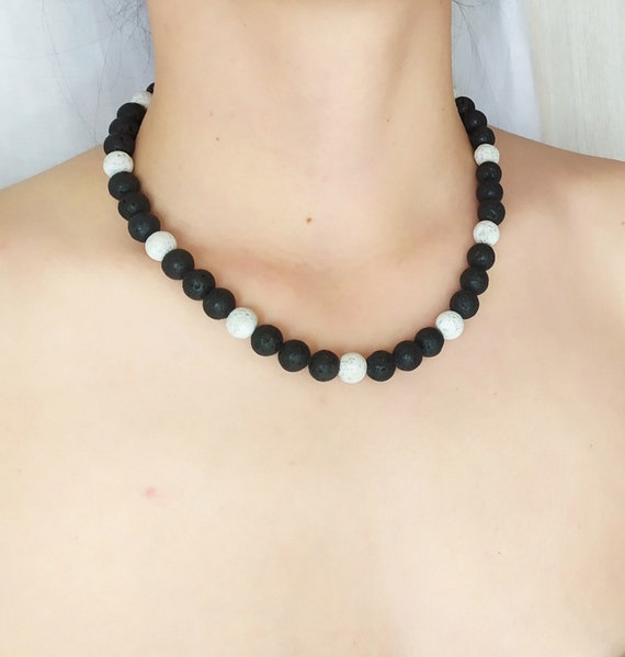 Black and White Lava Beaded Necklace: Volcanic Rock, Sterling