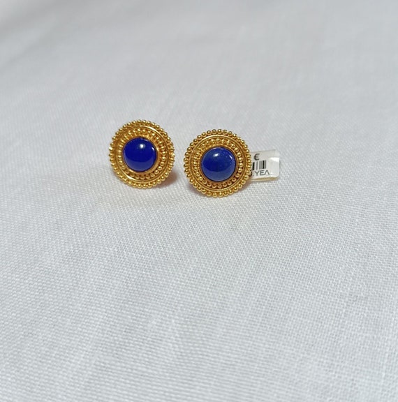 18K Gold (750) Byzantine Style Lapis Lazuli Stud Earrings