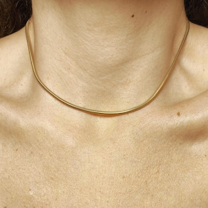 Op de afbeelding: Een goudkleurige ketting met een slangenkettingontwerp. De ketting wordt om de nek gedragen en rust op het sleutelbeen. De ketting heeft een gladde, afgeronde uitstraling.