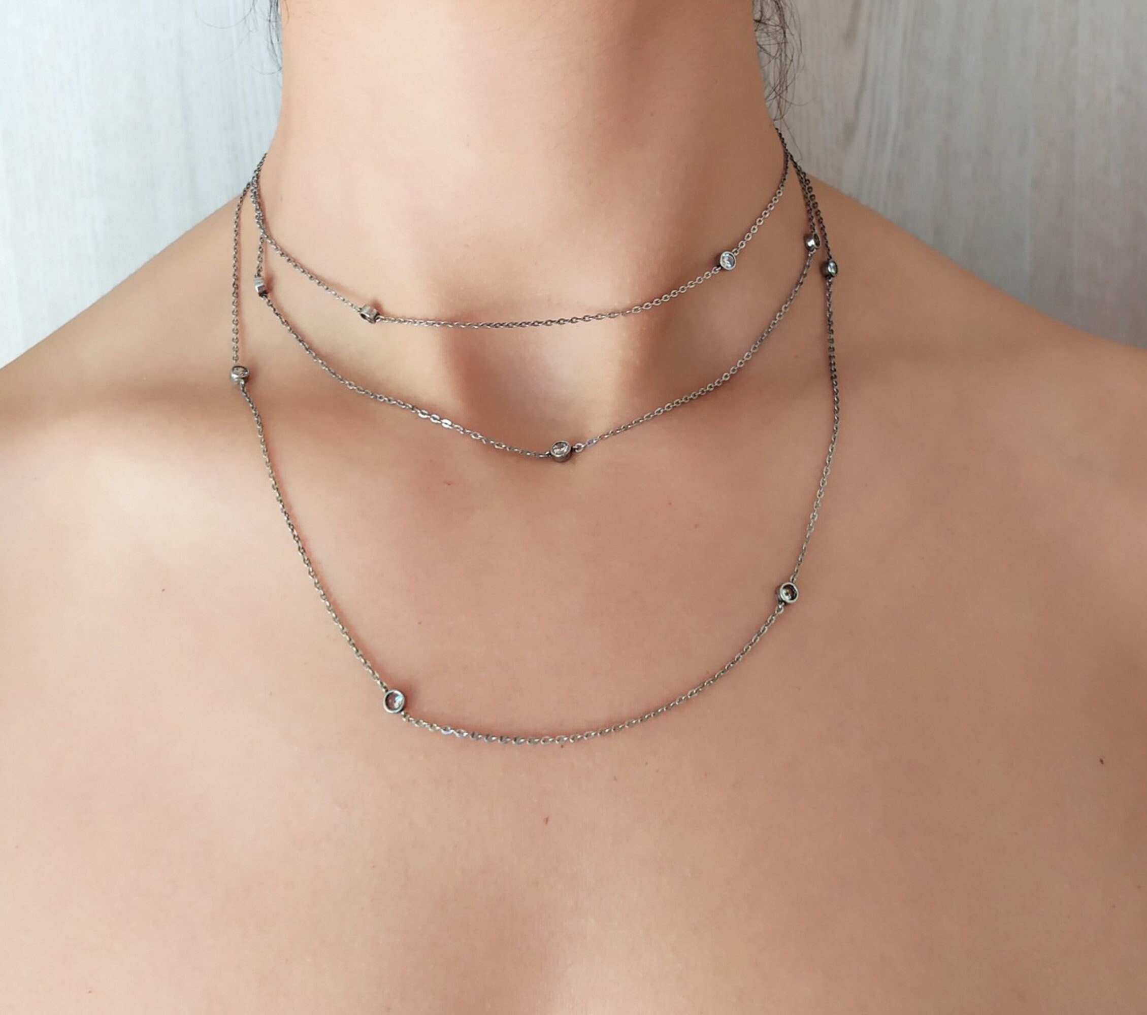 Long Chain Necklace 925 Sterling Silver with Stationed Cubic Zirconia/Single Strand Cable Link Chain Necklace with Stones - 7458 Long Chain Necklace 925 Sterling Silver with Stationed Cubic Zirconia/Single Strand Cable Link Chain Necklace with Stones - 7458