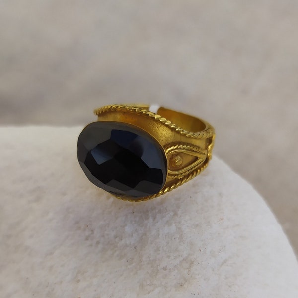 Black Tourmaline Ring, Byzantine Design, 925 Sterling Silver 18K Gold Plated Size 7.8 US/Special Cut Gemstone Cocktail Ring – 6983