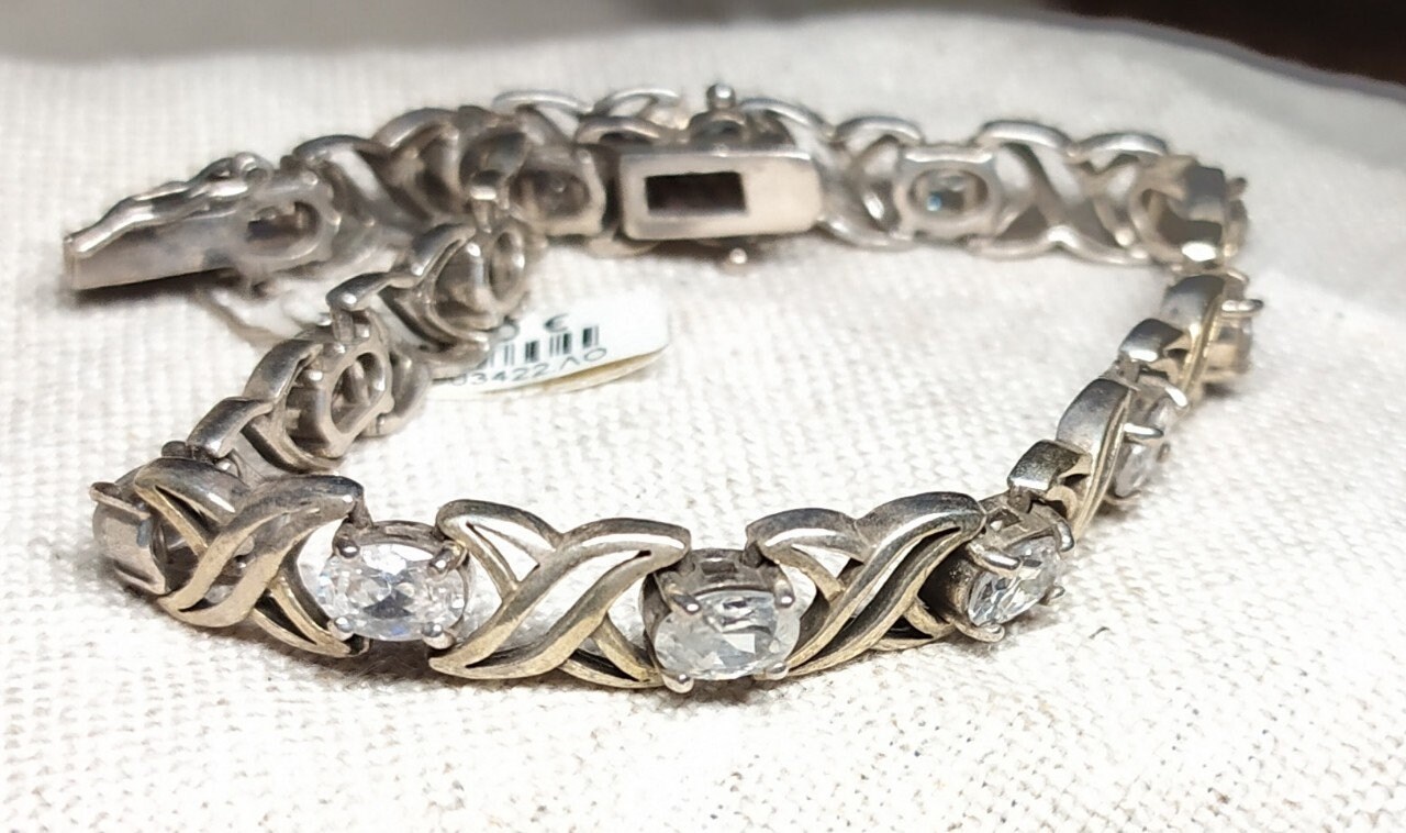 国内発送 Cubic Zirconia Link Bracelet, 925 Sterling Silver/xo 小物・アクセサリー
