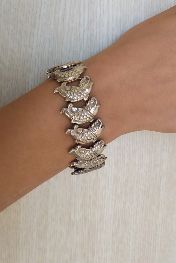 925 Sterling Silver Fish Link Bracelet/All Around Silver Fish Bracelet - 3614