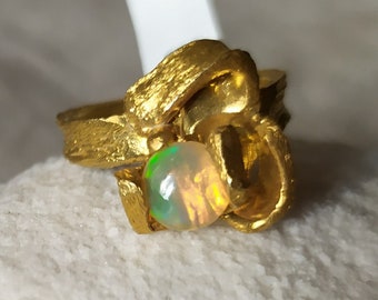 Fire Opal Ring 18K Gold Plated Sterling Silver Size 6.8 US/Handmade Gold Plated Gemstone Ring/Modern Unique Design – 8195