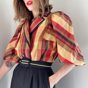 Vintage 60s Vera Borea Plaid Puffed Shoulders Blouse Jacket Size M