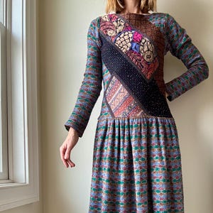 Vestido vintage de los años 80 de Koos Van Der Akker, multicolor, manga larga, patchwork, talla 6