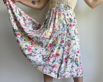 Vintage 90s Floral Watercolor Design Rayon Skirt Size 8