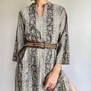 Robe tunique indienne en coton tons terre vintage des années 90 avec manches longues taille M