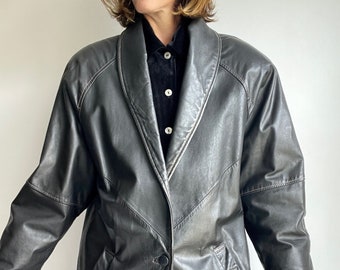Y2K Black Leather Jacket Contrasting Stitching Size M Made in Argentina