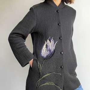 Vintage jaren &#39;90 Geiger Tulp Print Button Down Wollen Jas in Pebble Maat S/M