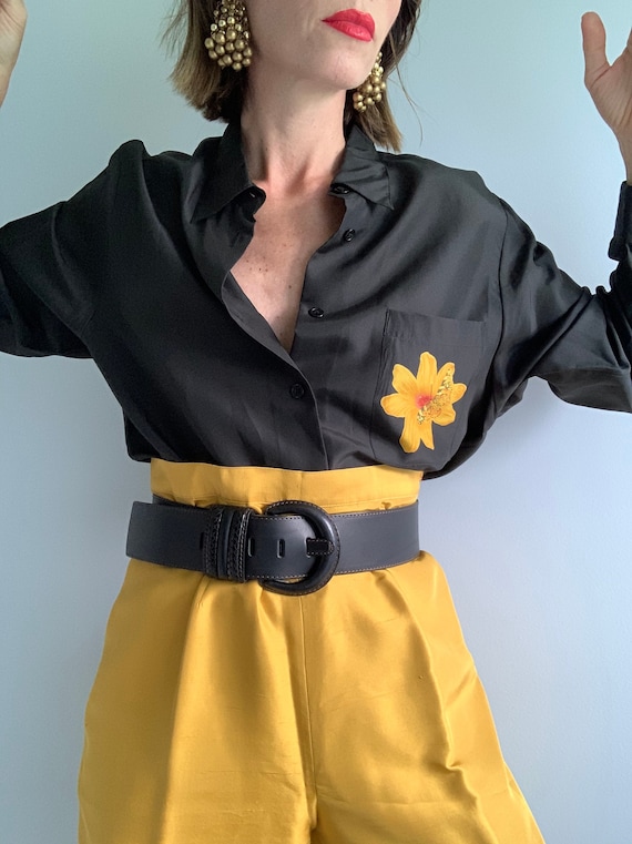 Vintage Silk Flower Black Yellow Mustard Blouse &