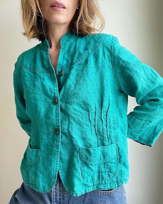Vintage 90s Linen Little Jacket Blouse Size S/ Emerald Color