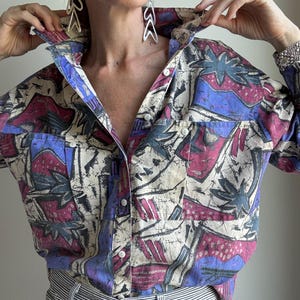 Vintage 80s Colorful Abstract Print Long Sleeve Shirt Size M