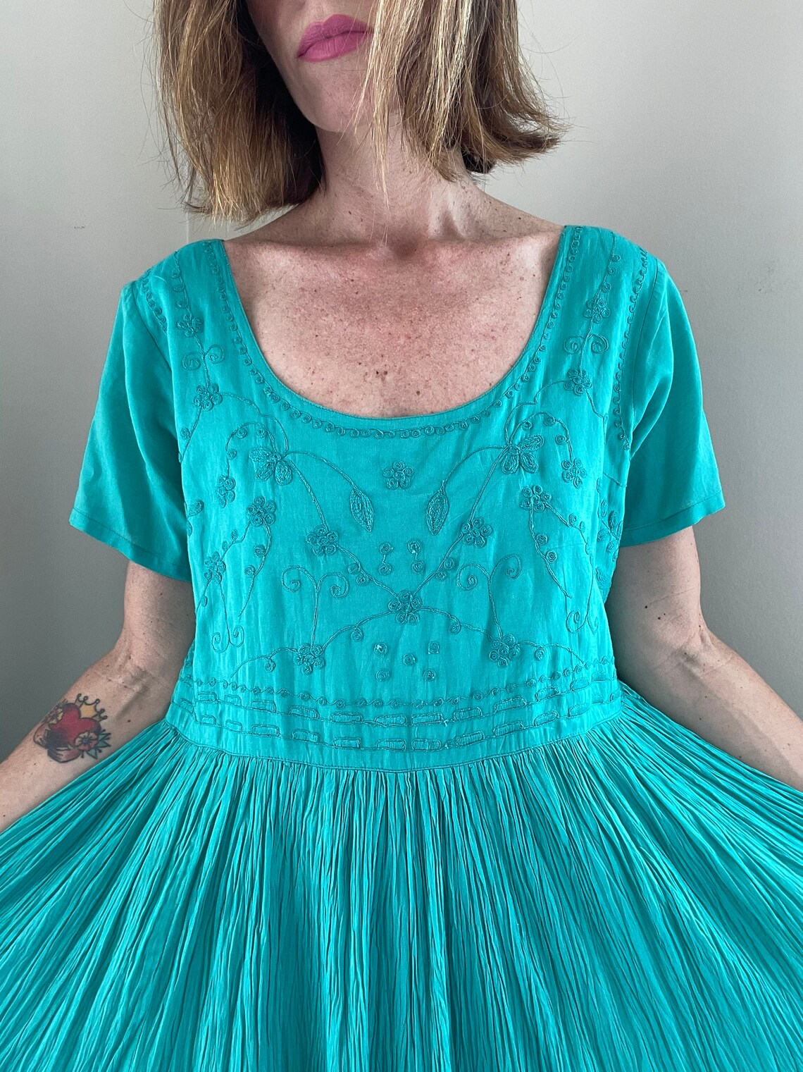 Vintage Emerald Green Empire Waist Embroidered Flowy Dress Etsy