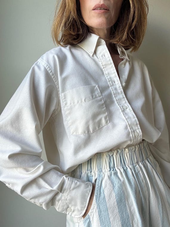 Vintage 80s Classic Off White Long Sleeve Shirt Size M - Cotton/Poly Blend