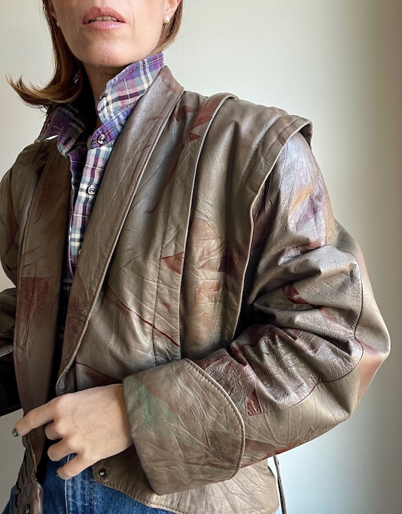 Vintage Avant Garde 80s Tie Dye Leather Jacket/ Size S/ Statement Pleated Shoulders