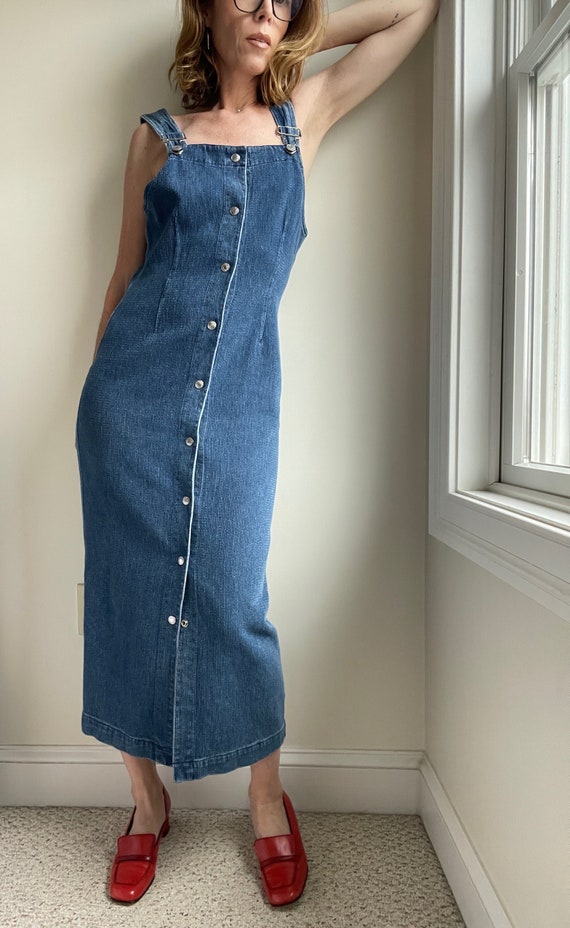 Vintage 90s Guess Denim Overall Maxi Dress Jumper 