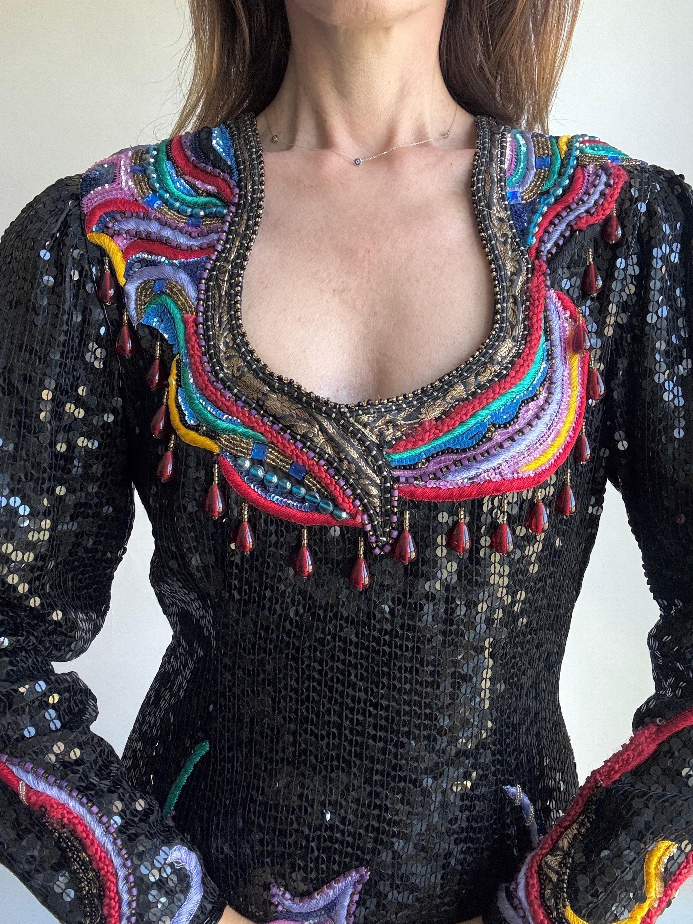 Vintage 90s Neiman Marcus Black Sequin Silk Long Sleeve Top 