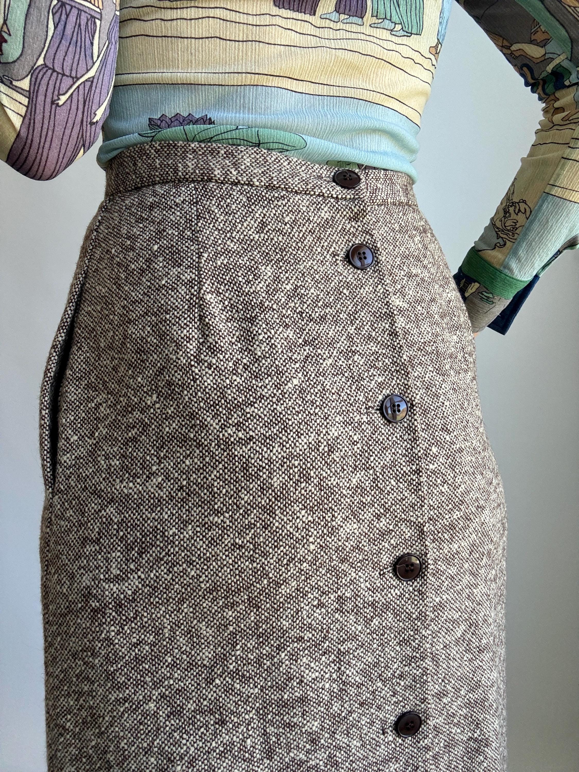 Vintage 80s Tweed High Waist Button Down A Line Skirt Size 10 Brown Cream Color