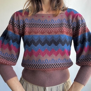 Vintage 80s Contempo Casuals Puffed Shoulder Geometric Pattern  Pullover Size S/M
