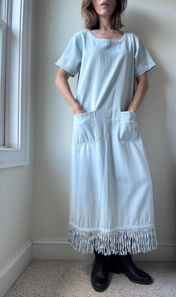 Vintage 80s Scoop Neckline Maxi Dress W/Fringes Size M - 100% Cotton