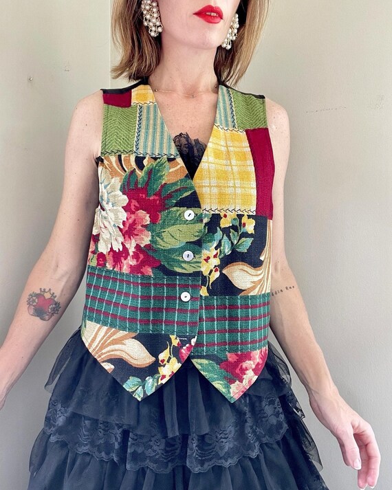 Vintage 80s Front Patchwork Pattern Multicolor Ve… - image 6
