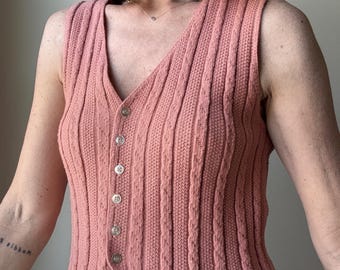 Vintage 80s Cable Knit Button Down Vest Size S - Coral Color - Blend