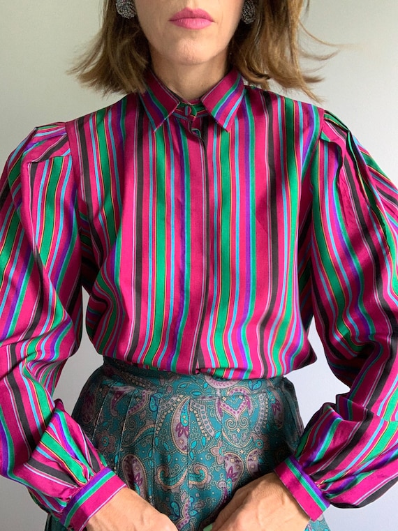 Vintage Striped Multicolor Balloon Sleeves Blouse