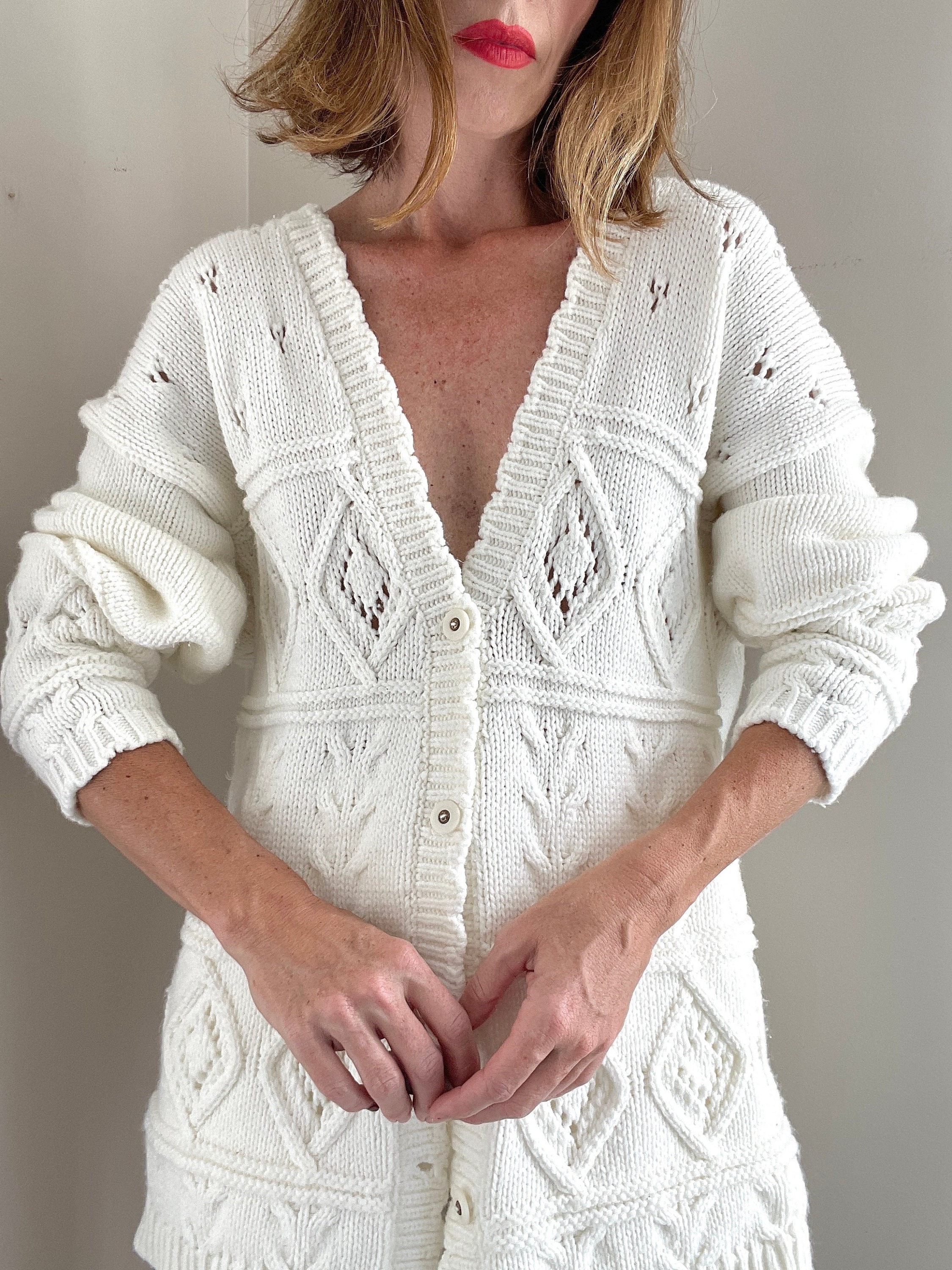 LindaLandVintage Vintage Off White Eyelet Cardigan Acrylic Size L