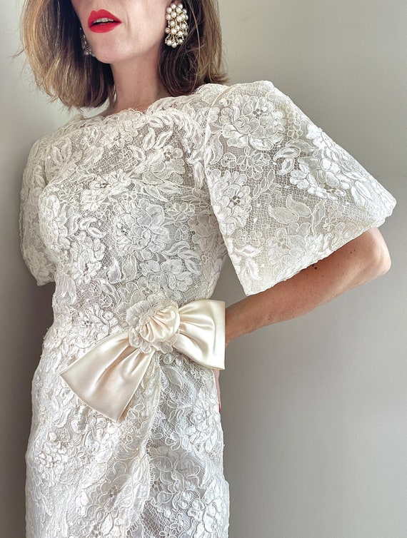 Vintage 60s Lace Dress: Lantern Sleeves, Satin Bow, Front Slit - Size M