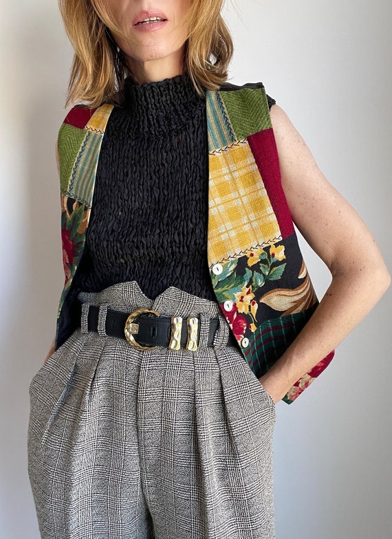 Vintage 80s Front Patchwork Pattern Multicolor Ve… - image 5