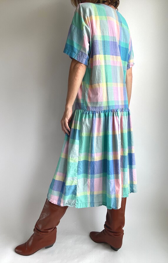 Vintage 80s Plaid Short Sleeve Ruched Skirt Dress… - image 4