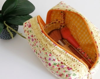 Best Friend Gift Makeup Bag Floral Fabric Pouch Cosmetic Makeup Pouch Yellow Floral Make Up Bag